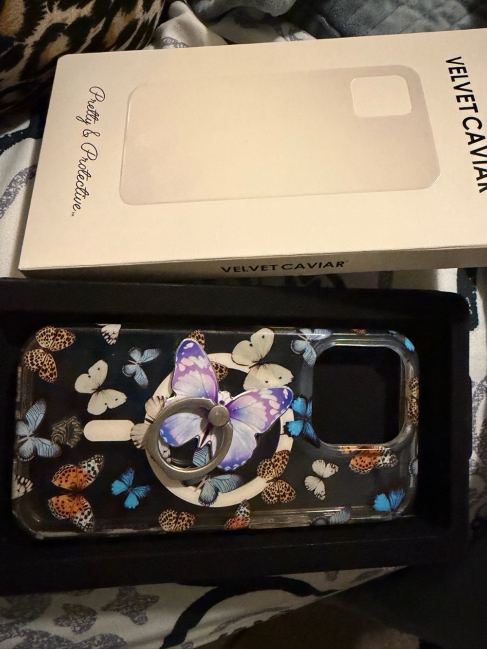 Velvet Caviar Clear IPhone 15Pro Case with Multicolor Butterfly & Purple Ring